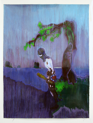 "The Anguished Nativity of A Confederate Diver Under The Juniper Trees of Monument Valley" 

Acrylic, and spraypaint on paper 90 in x 66 in
2018 